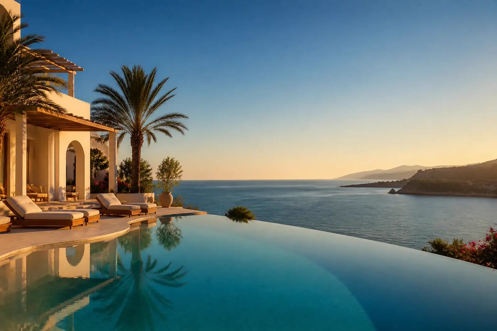 Piscine à débordement d'un hôtel de luxe face à la mer au coucher du soleil